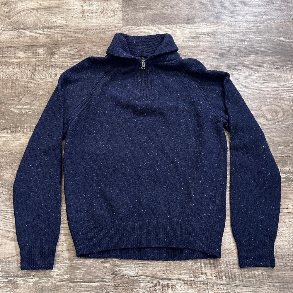 J.Crew Mens Navy Blue Donegal Wool Blend Quarter Zip Sweater Large Speckled Knit